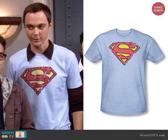 Light Blue Superman Logo - WornOnTV: Sheldon's light blue Superman tee on The Big Bang Theory