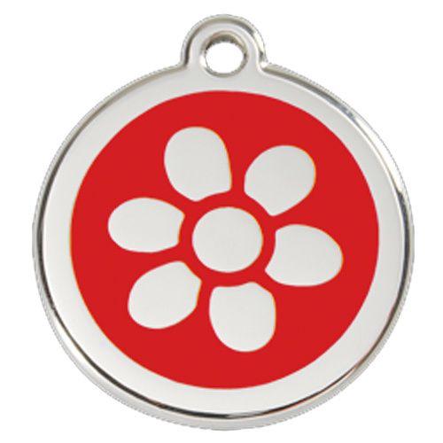 Steel Red Dog Logo - Flower Dog ID Tag, Red Enameling, Stainless Steel Name Tag