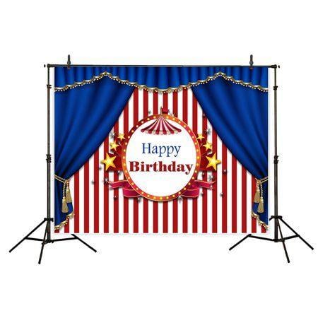 Striped White and Blue Background Logo - GreenDecor Polyster 7x5ft Birthday Backdrop Round Circus Logo