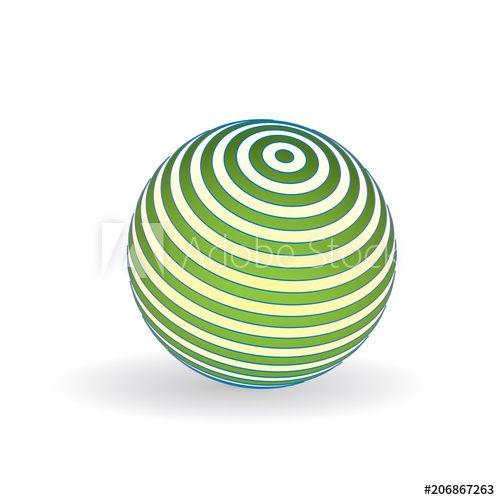 Striped White and Blue Background Logo - 3D Striped ball logo. Sphere with lines of green-blue and yellow on ...