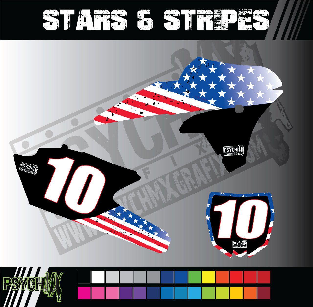 Striped White and Blue Background Logo - Motorcycle Dirt Bike Full Graphics. Stars & Stripes Design. Red
