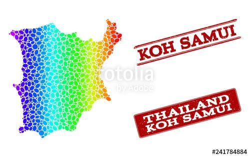 Red and White Geographic Logo - Spectrum dotted map of Koh Samui and red grunge stamps. Vector