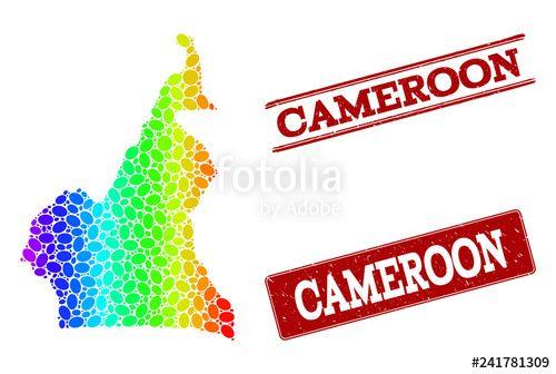 Red and White Geographic Logo - Spectrum dotted map of Cameroon and red grunge stamps. Vector