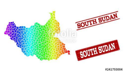 Red and White Geographic Logo - Spectrum dotted map of South Sudan and red grunge stamps. Vector