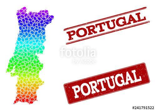 Red and White Geographic Logo - Spectrum dotted map of Portugal and red grunge stamps. Vector