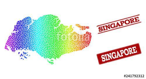 Red and White Geographic Logo - Spectrum dotted map of Singapore and red grunge stamps. Vector