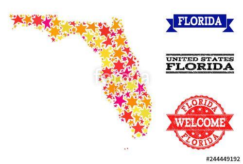 Red and White Geographic Logo - Mosaic map of Florida State composed with colored flat stars