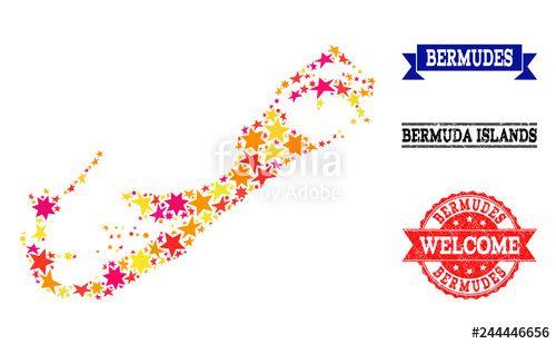 Red and White Geographic Logo - Mosaic map of Bermuda Islands formed with colored flat stars