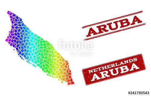 Red and White Geographic Logo - Spectrum dotted map of Aruba Island and red grunge stamps. Vector