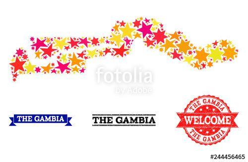 Red and White Geographic Logo - Mosaic map of the Gambia composed with colored flat stars
