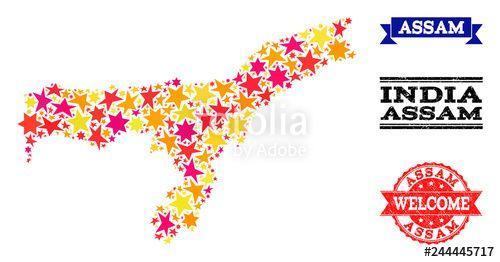 Red and White Geographic Logo - Mosaic map of Assam State created with colored flat stars, and ...