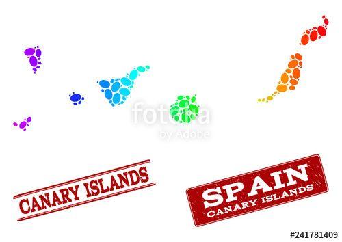 Red and White Geographic Logo - Spectrum dotted map of Canary Islands and red grunge stamps. Vector