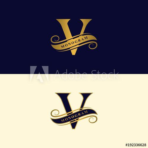Blue and Gold V Logo - Gold letter V. Calligraphic beautiful logo with tape for labels