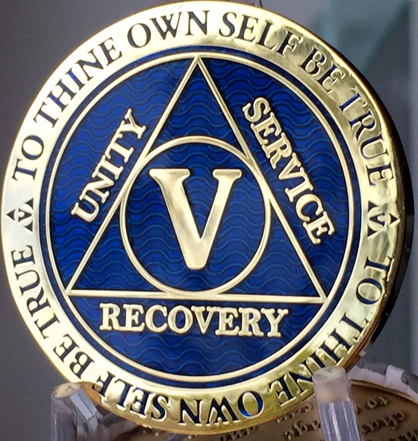 Blue and Gold V Logo - Year AA Medallion Gold Plated Reflex Blue Premium Sobriety Chip V