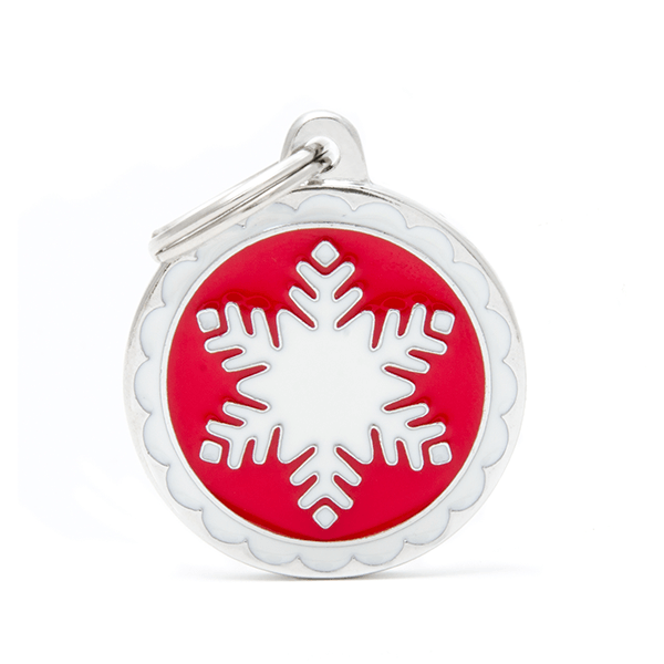 Red Circle with White S Logo - My Family Red Circle with White Snowflake Pet ID Tag