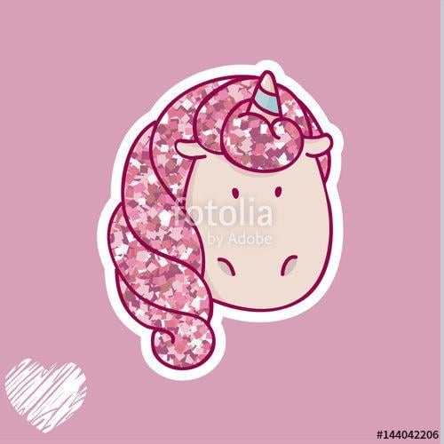 Cute Unicorn Logo - Vector cute unicorn logo with pink glitter texture. Thin flat line