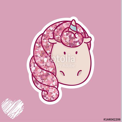 Cute Unicorn Logo - Vector cute unicorn logo with pink glitter texture. Thin flat line ...