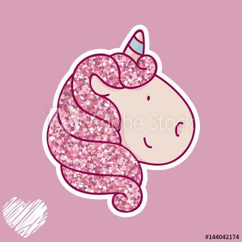 Cute Unicorn Logo - Vector cute unicorn logo with pink glitter texture. Thin flat line