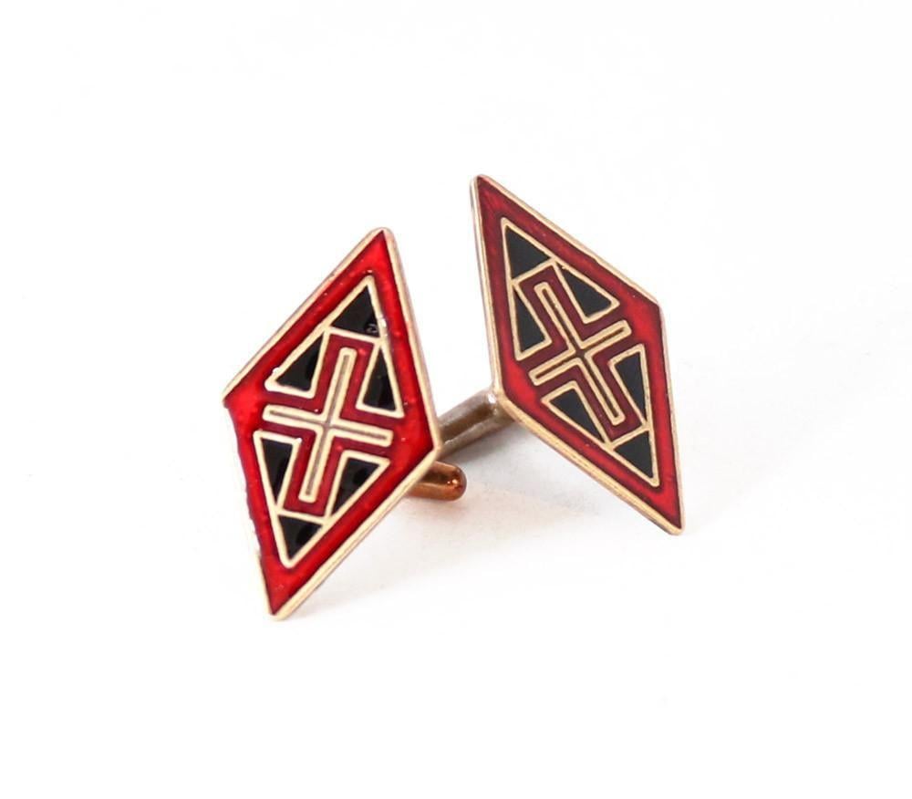 Red and Black Diamond Shaped Logo - Brass diamond shaped byzantine style cufflinks with red and black