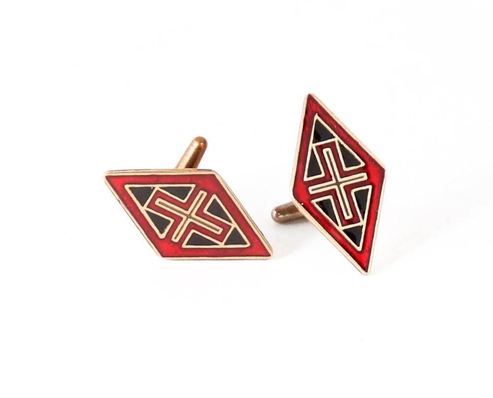 Red and Black Diamond Shaped Logo - Brass diamond shaped byzantine style cufflinks with red and black