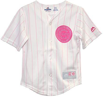 Pink Chicago Logo - Amazon.com : Majestic Chicago Cubs Pink Pinstripe Glitter Logo Cool