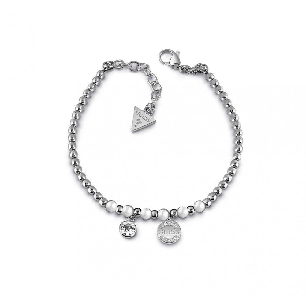 Silver Ball Logo - Guess Rhodium Plated 'Uptown Chic' Ball/Pearl with Logo Bracelet
