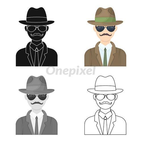 Undercover Cartoon Logo - Man in hat suit raincoat and glasses. The detective undercover