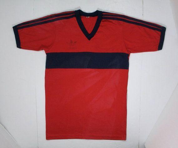 Blue and Red V Logo - 80s Adidas T Shirt V Neck S M Trefoil Logo Navy Blue Red Three
