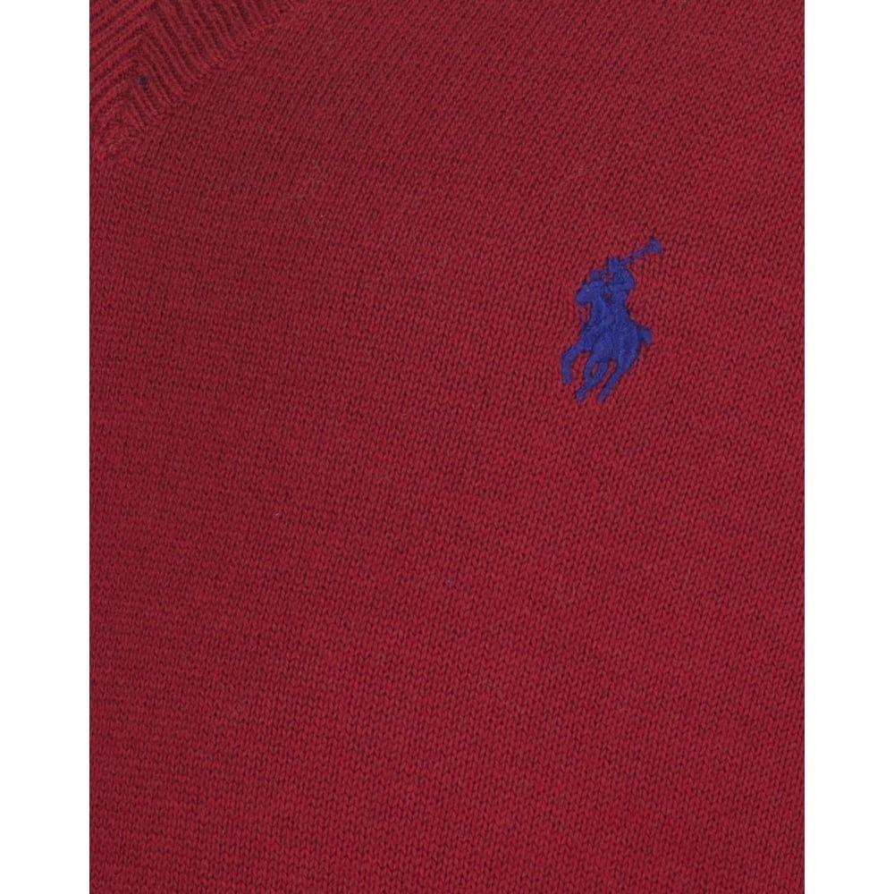 Blue and Red V Logo - Ralph Lauren Boys Dark Red V Neck Jumper With Blue Logo And Brown