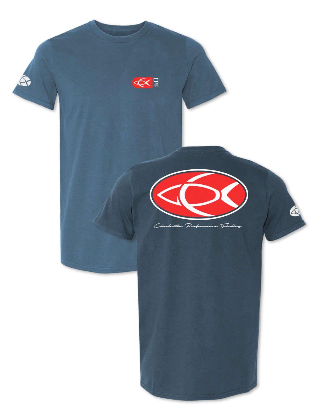 Navy Blue Oval Logo - Oval Back Red Graphic Navy Blue Fishing T-Shirt - CPF Gear
