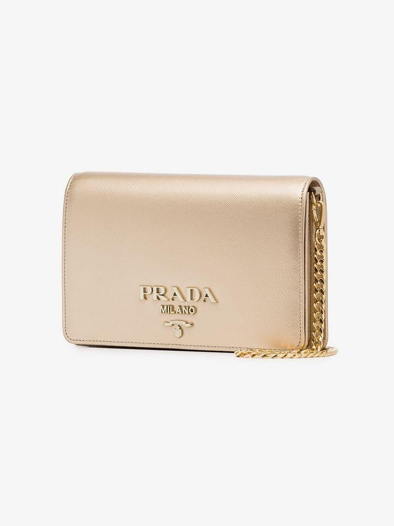 Prada Gold Logo - Prada metallic gold logo chain strap mini leather bag | Browns