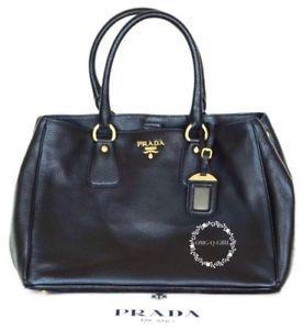 Prada Gold Logo - 100% AUTHENTIC PRADA SHOULDER BAG PURSE HANDBAG TOTE BLACK LEATHER ...