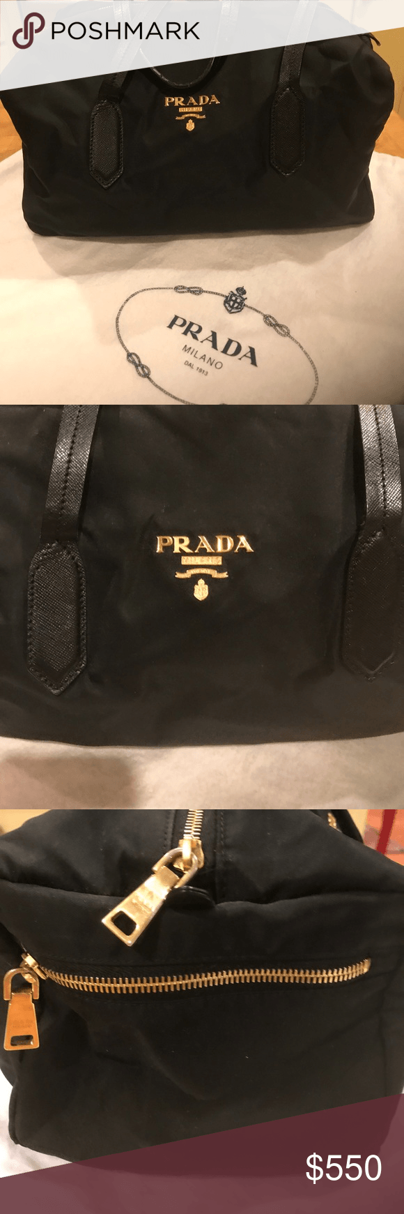 Prada Gold Logo - NWOT PRADA Gold LOGO Black Nylon W Leather Satchel NWT | My Posh ...