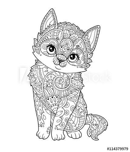 Sitting Cat Black and White Logo - Sitting kitten in zentangle style in vector. Hand drawn sketch ...