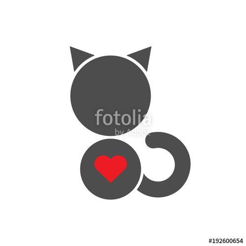 Sitting Cat Black and White Logo - Silhouette of sitting black cat with red heart on white background ...