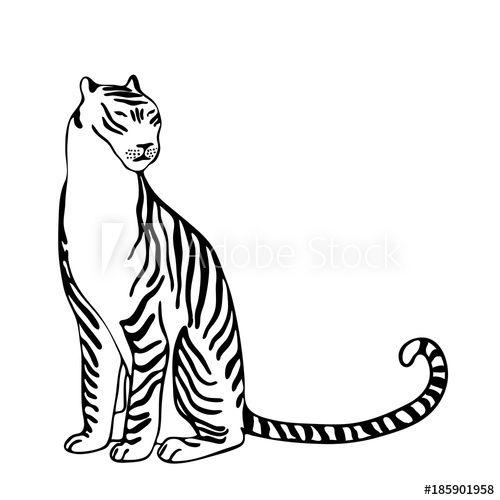 Sitting Cat Black and White Logo - Hand drawn sitting stylized tiger. Black vector image on white ...