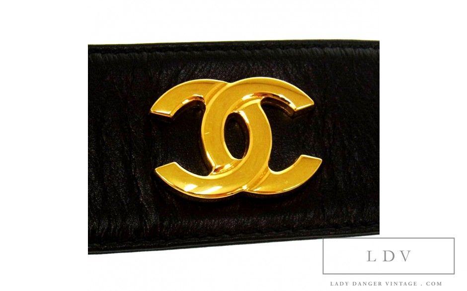 Chanel Gold Logo - CHANEL Vintage CC Logo Gold Chain Caviar Leather Black Belt
