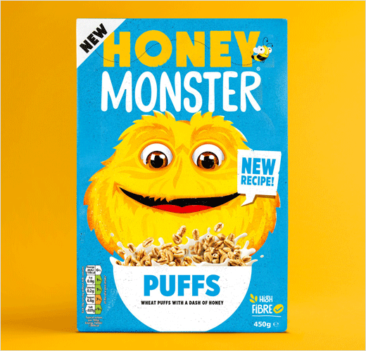 Robot with Yellow Food Logo - Robot Food Gives Honey Monster Puffs a New Look Designer