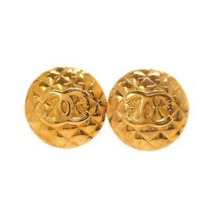 Chanel Gold Logo - Auth CHANEL Earrings Round Type Matelasse COCO Mark Gold Logo
