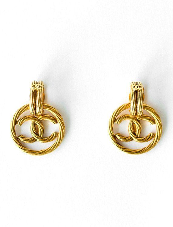 Chanel Gold Logo - incredible vintage 1992 CHANEL gold logo hoop earrings clip ons. My