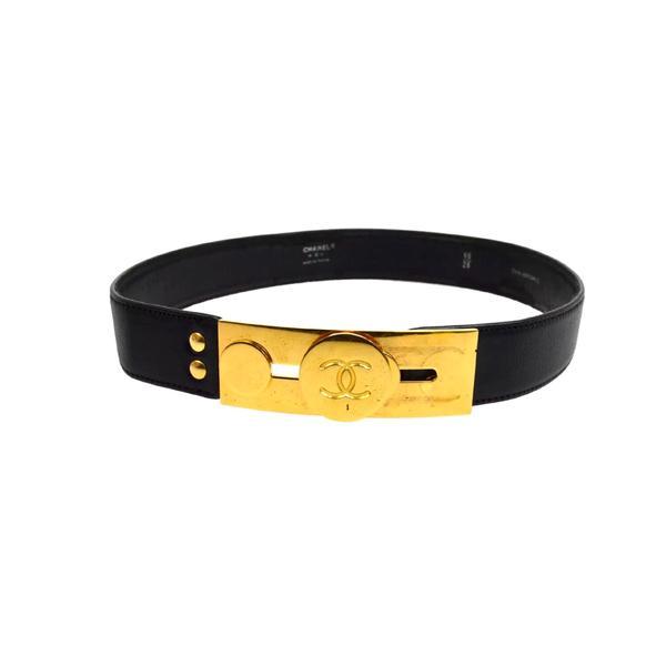 Chanel Gold Logo - Chanel Black Leather Gold Logo Latch Belt – Treasures of NYC
