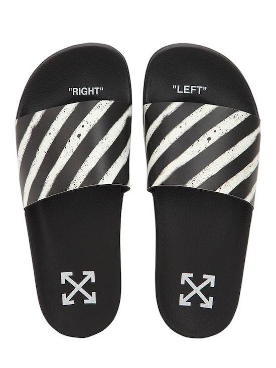 Stripes Off White Brand Logo - OFF WHITE, Spray stripes slide sandals, Black/white, Luisaviaroma