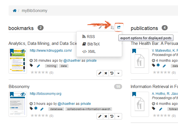 Bookmarks RSS Logo - ExportBookmarks | Help | BibSonomy