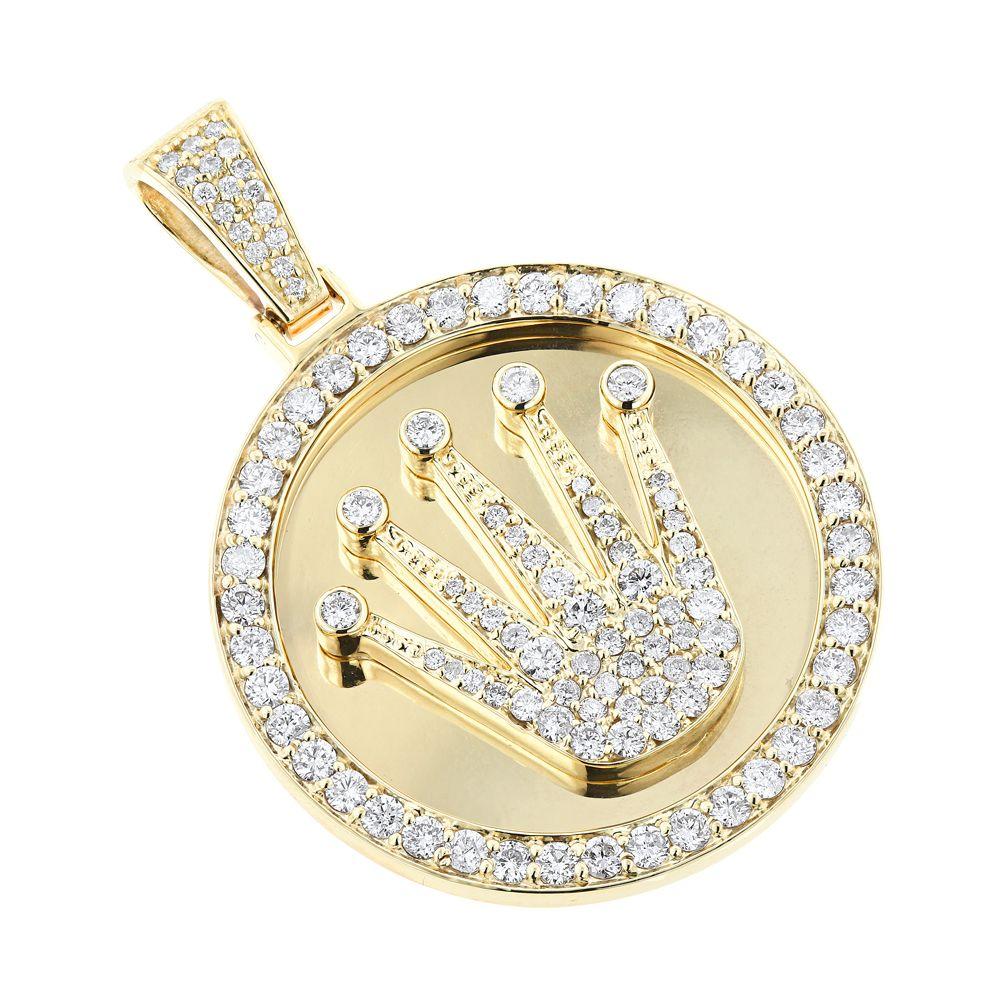 Yellow and White Crown Logo - Rolex Style Diamond Pendant 3ct Yellow White Gold Crown Medallion