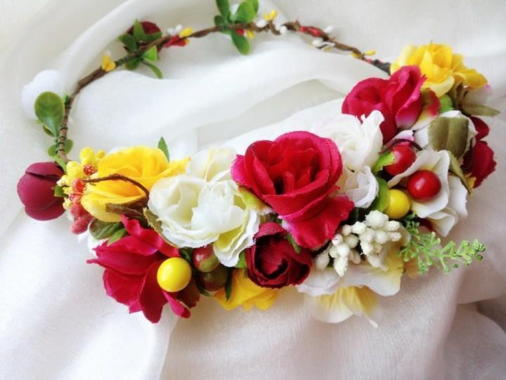 Yellow and White Crown Logo - Wedding Flower Crown Red Yellow White Bridal Hair Wreath Headband