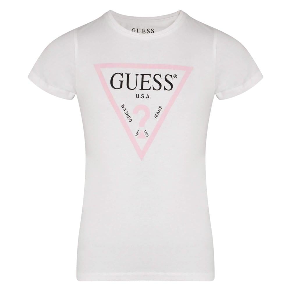 White Pink Logo - Guess Girls White Short Sleeve T-Shirt with Pink Guess Logo Print ...
