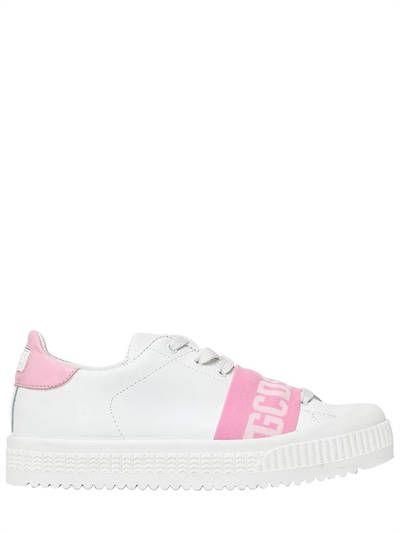 White Pink Logo - GCDS, 20mm Elastic Logo Leather Sneakers, White Pink, Luisaviaroma