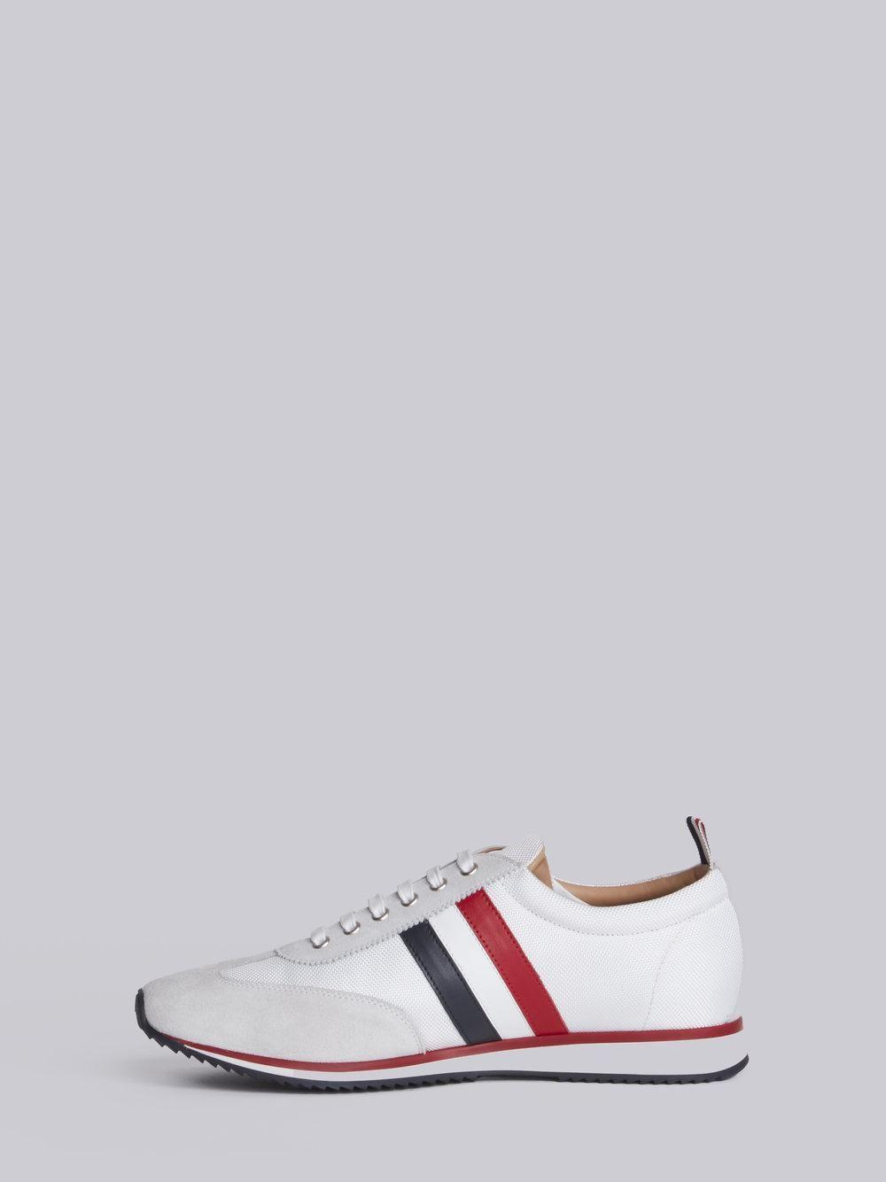 Red and Blue Stripe Logo - Thom Browne Running Shoe With Red, White And Blue Stripe In Suede ...