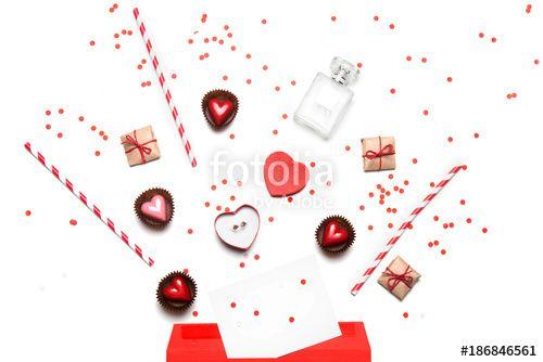 Looks Like White and Red Envelope Logo - Valentine's Day flat lay top view isolated on white background