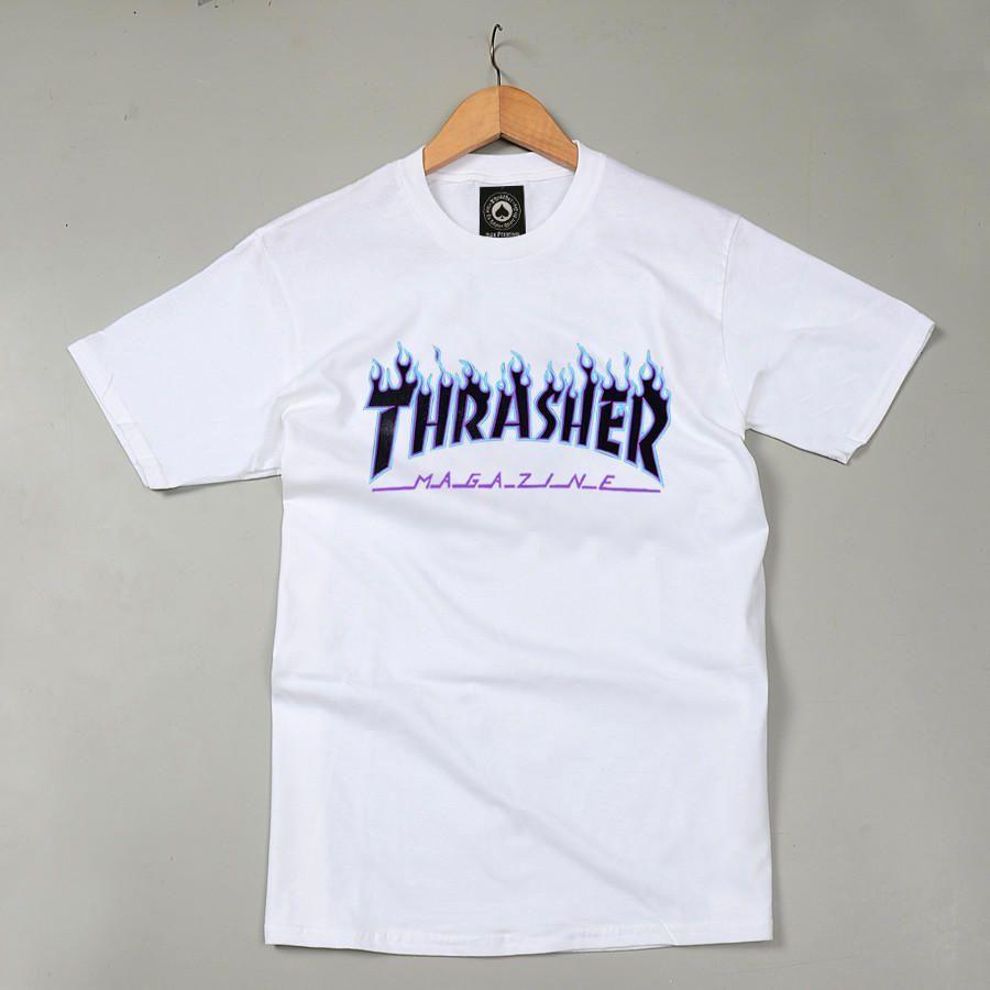 Whit and Blue Thrasher Logo - Thrasher Magazine Blue Flame Logo White & Black T Shirt